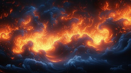 Fototapeta premium Fiery swirls clashing dark blue waves abstract art