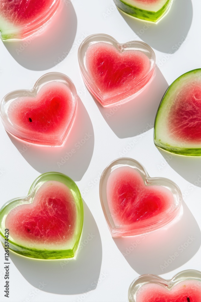 Poster heart shaped watermelon slices arranged on a white background, creating a vibrant and refreshing sum