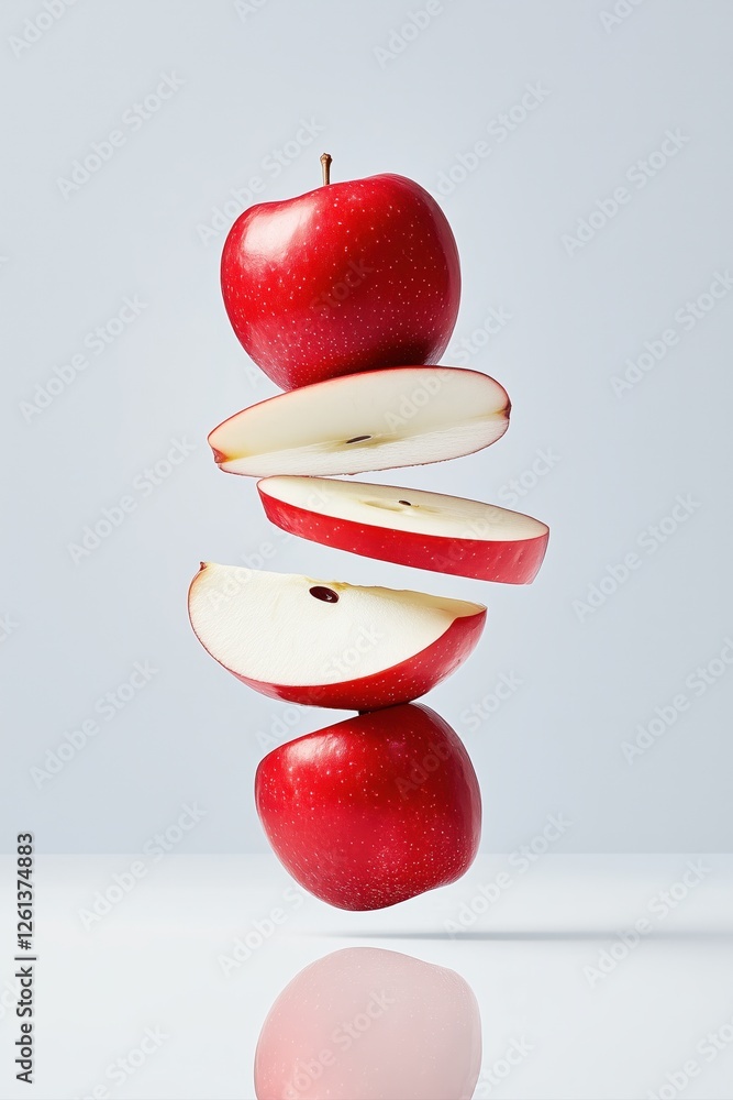 Aufkleber two whole red apples and three slices floating in the air, creating a gravity defying arrangement on