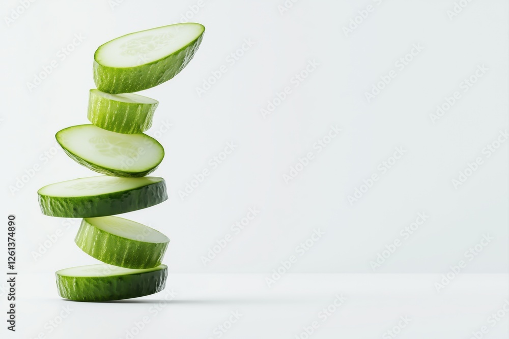 Aufkleber stack of fresh cucumber slices floating on a minimalist white background, creating a refreshing and 