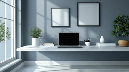 Minimalist workspace sunlight laptop plants