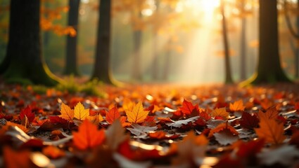 autumn leaves in the park , Autumn Forest with Vibrant Fall Leaves and Golden Sunligh