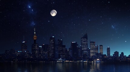 Cityscape illuminated under moonlight and starlit sky at tranquil dusk
