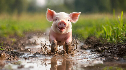 Cheerful pink piglet splashing in muddy puddle, lush green field, happy expression, playful and adorable.

