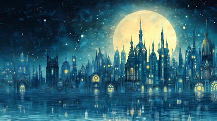 Fototapeta premium A celestial spectacle unfolds over a city of intricate towers and shimmering waters, casting an ethereal glow on the cityscape beneath a luminous moon. Ethereal Glass Cities. Illustration