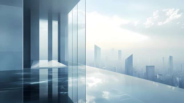 A breathtaking futuristic cityscape reflected on a sleek glass floor creating a captivating ethereal atmosphere of modern elegance and tranquility the clean. Ethereal Glass Cities. Illustration