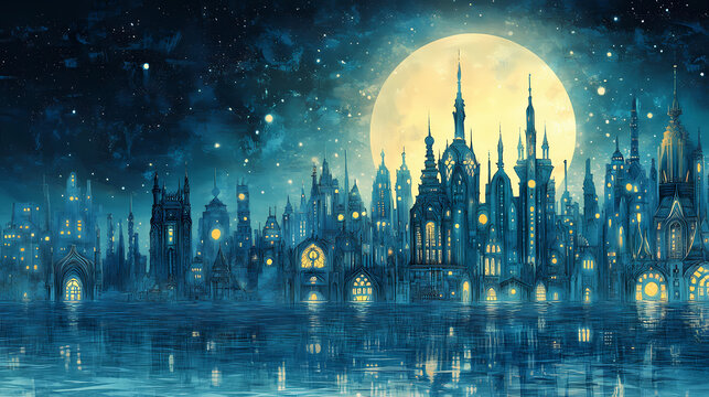 A celestial spectacle unfolds over a city of intricate towers and shimmering waters, casting an ethereal glow on the cityscape beneath a luminous moon. Ethereal Glass Cities. Illustration