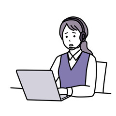 困った顔をしている制服を着ているコールセンターの女性　シンプル