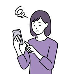 困った顔でスマホを操作する私服の女性