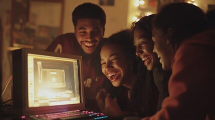 Excited friends celebrate success viewing old computer screen at night