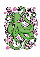 Octopus Grooving: An adorable green octopus with headphones and a retro music player, surrounded by playful aquatic elements, radiating fun and vibrant energy.
