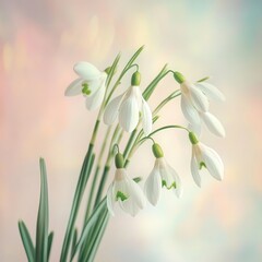 Obraz premium A delicate snowdrop flowers on a soft pastel background, capturing the essence of early spring.