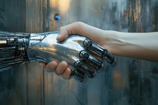 Human hand shaking a mechanical robotic hand in partnership