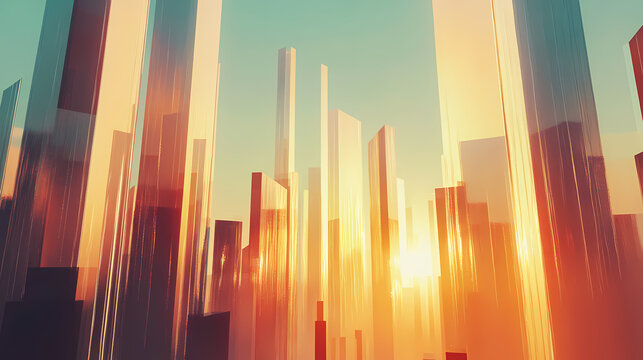 A futuristic cityscape with towering glass structures illuminated by the setting sun, creating a surreal and ethereal ambiance. Ethereal Glass Cities. Illustration