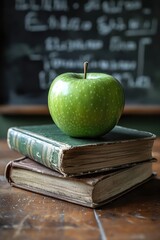 Green apple on stacked books, chalkboard with math equations in background, classroom setting