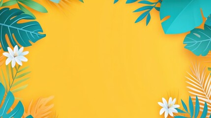 Bright yellow backdrop featuring lush tropical leaves, perfect for invitations, posters, or any festive decor. A vibrant floral design.