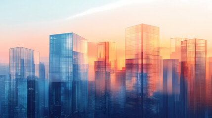 A radiant mist shrouds a sleek urban skyline at dawn, with soft hues reflecting in glass buildings, creating an ethereal glow that evokes modernity and intrigue. Ethereal Glass Cities. Illustration