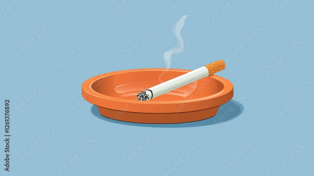Poster a minimalist vector graphic of an ashtray with a cigarette, presented in a flat 2d style on a clean 