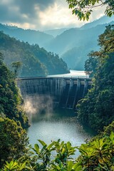 Hydroelectric dam, lush forest, bright day, powerful and serene