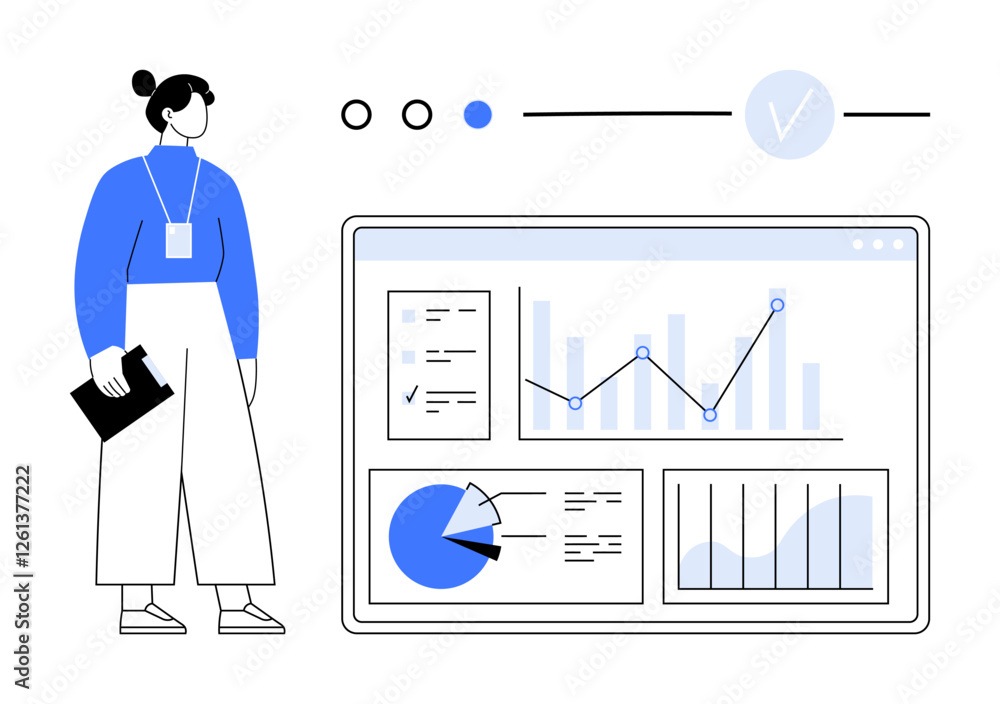 Poster businesswoman analyzing data on a large screen with various graphs, pie charts, and analytics metric