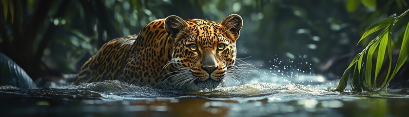 Obraz premium Leopard in jungle river, lush greenery, intense and focused, dynamic action