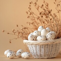 Obraz premium Gathering easter eggs in a cozy basket indoor setting still life warm atmosphere close-up view seasonal decor