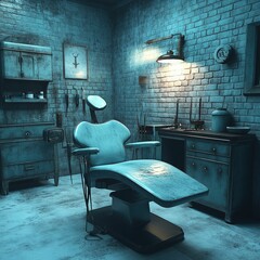 Eerie teal room, vintage dental chair awaits.