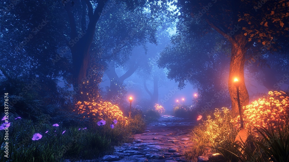 Poster mysterious twilight path enchanted forest digital art serene environment atmospheric view nature exp