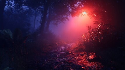 Obraz premium Mysterious foggy pathway in lush forest night scene nature photography ambient lighting serene atmosphere
