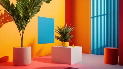 Vibrant modern interior with colorful geometric design and tropical plants