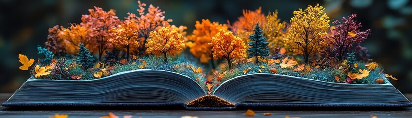 Open book with miniature autumn trees growing from pages, vivid colors, bokeh forest background, magical realism
