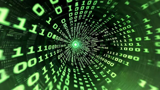 Virtual reality. Digital data stream with rotating binary tunnel and glowing center in virtual space. 