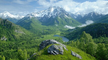 Obraz premium Mountain lake valley, scenic view, summer