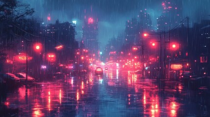 Neon-lit city street drenched in rain at night.