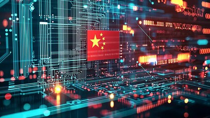 Futuristic digital circuit board with Chinese flag animation and data flow. high tech innovation on futuristic display - Powered by Adobe