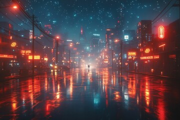 Obraz premium Rainy night city street neon lights reflection solitude