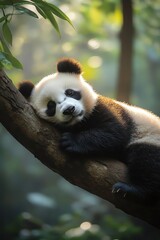Fototapeta premium Panda lounging on tree branch, forest setting, side view, relaxed and content
