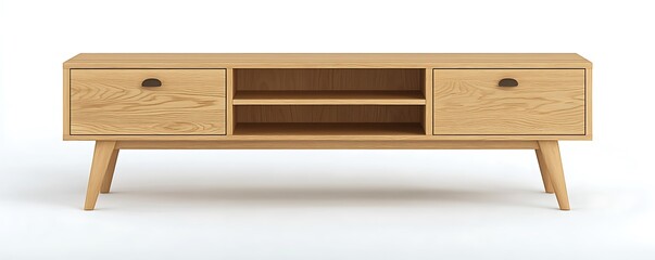Scandinavian TV stand cabinet with light oak finish, clean lines, and tapered legs, isolated on a white background.