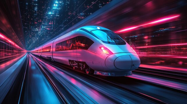 Futuristic high-speed train, night city, vibrant lights.