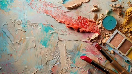 Crushed eyeshadow and makeup products creating artistic texture in colorful tones, cosmetics background