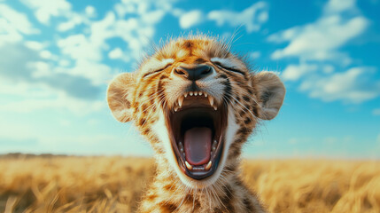 Close-up of yawning cheetah cub with mouth wide open, golden savanna grass and bright blue sky background.

