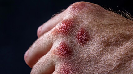 Fototapeta premium Extreme close-up of mosquito bite welts on the back of a hand, red inflamed spots with fingers about to scratch the itchy area