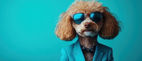 Poodle in blue suit and sunglasses, turquoise background, studio lighting