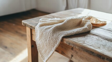 Cozy knit blanket draped over rustic wooden table in sunlit interior
