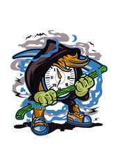 Time's Grim Embrace: An animated illustration of a clock personified as a grim reaper, wielding a scythe, with a dark hooded cloak and menacing yet whimsical appearance. 