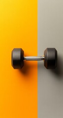 Overhead view of dumbbell on colored background