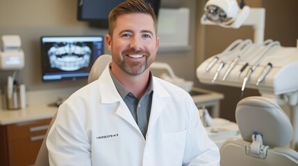 Fototapeta premium A portrait of an attractive male dentist in his late thirties, sitting in a chair.
