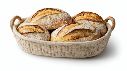 rustic basket filled with baguettes, detailed crust close-up, bakery concept, inviting warmth, isolated on white background