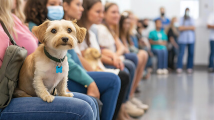 A dog is sitting on a chair in a waiting room of ​​a veterinary clinic. The people in the crowd are sitting on chairs and appear to be watching the dog