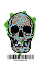 Abstract Skull Art: Bold, abstract illustration of a skull with vibrant colors, paint splatters, and a barcode.
